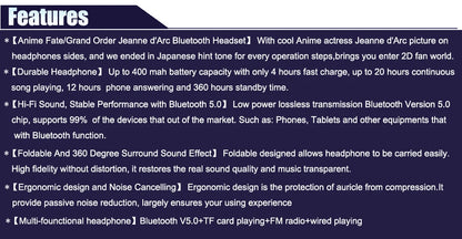 Fate Grand Order Jeanne d'Arc Anime Bluetooth Headphones Wireless Gaming Headset with Microphone, Stereo Sound, Silent Disco Earphones