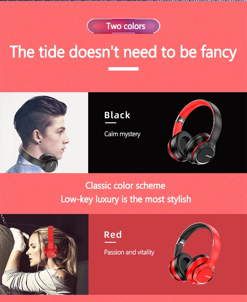 Lenovo HD200 Bluetooth Wireless Headphones – Noise Cancelling Over-Ear Gaming Headset with HiFi Stereo Sound & Microphone