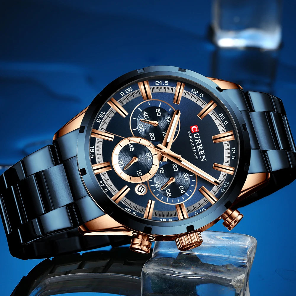 Curren Herrenuhr mit blauem Zifferblatt, Edelstahlarmband und Datumsanzeige – wasserdichte Business-Armbanduhr für Herren im Luxus-Stil