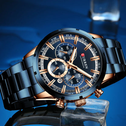 Curren Herrenuhr mit blauem Zifferblatt, Edelstahlarmband und Datumsanzeige – wasserdichte Business-Armbanduhr für Herren im Luxus-Stil
