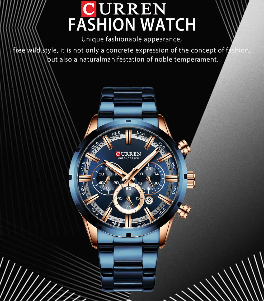 Curren Herrenuhr mit blauem Zifferblatt, Edelstahlarmband und Datumsanzeige – wasserdichte Business-Armbanduhr für Herren im Luxus-Stil