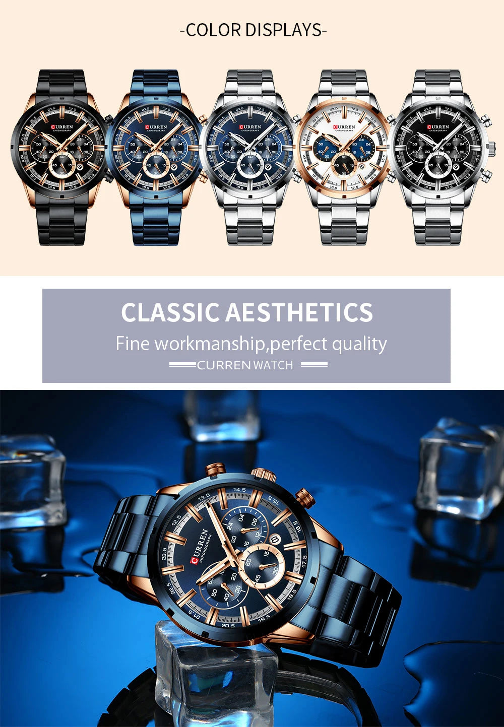 Curren Herrenuhr mit blauem Zifferblatt, Edelstahlarmband und Datumsanzeige – wasserdichte Business-Armbanduhr für Herren im Luxus-Stil