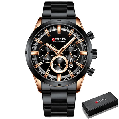 Pánské hodinky CURREN – luxusní sportovní chronograf, quartzový strojek, celonerezové, vodotěsné