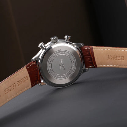 BERNY 24H Chronograph Watch for Men Luxury VD54 Watches Fashion Waterproof Genuine Leather Strap Quartz Sport Men's Wristwatch