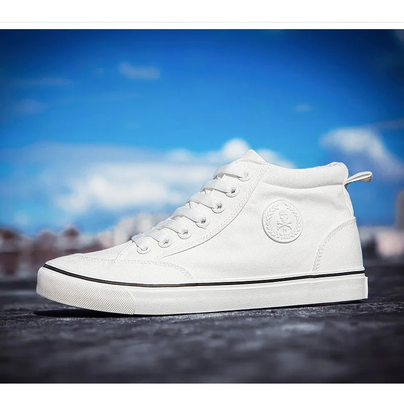 Baskets montantes en toile pour hommes, chaussures de Skate décontractées à lacets, toutes noires, pour étudiants, semelle plate, chaussures de Sport confortables