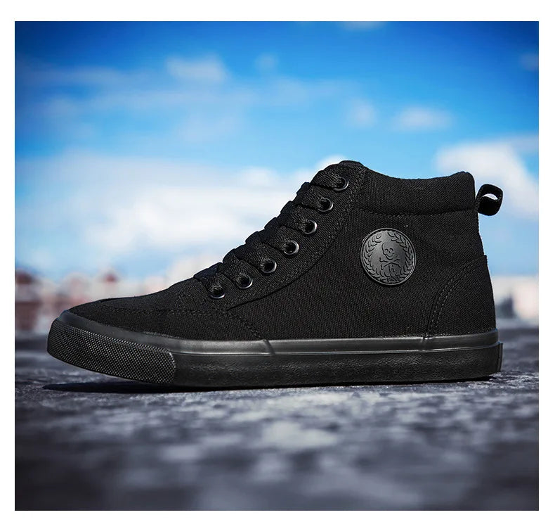Baskets montantes en toile pour hommes, chaussures de Skate décontractées à lacets, toutes noires, pour étudiants, semelle plate, chaussures de Sport confortables