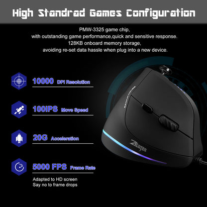 ZELOTES C18 Wired Vertical Ergonomic Gaming Mouse, 10000 DPI RGB Programmable Laser Mouse with 11 Buttons for PC Computer