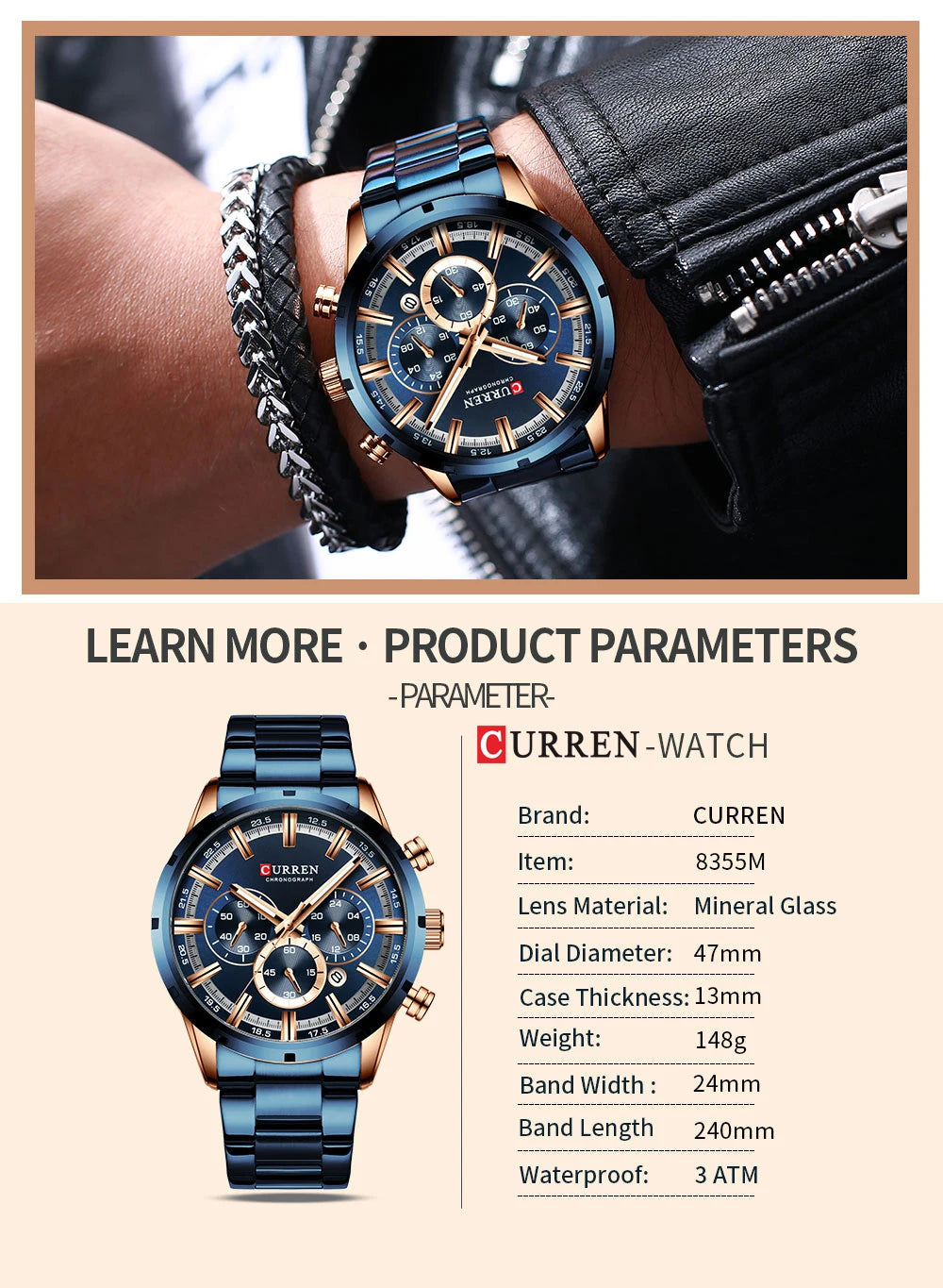 Curren Herrenuhr mit blauem Zifferblatt, Edelstahlarmband und Datumsanzeige – wasserdichte Business-Armbanduhr für Herren im Luxus-Stil