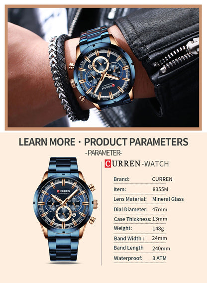 Curren Herrenuhr mit blauem Zifferblatt, Edelstahlarmband und Datumsanzeige – wasserdichte Business-Armbanduhr für Herren im Luxus-Stil