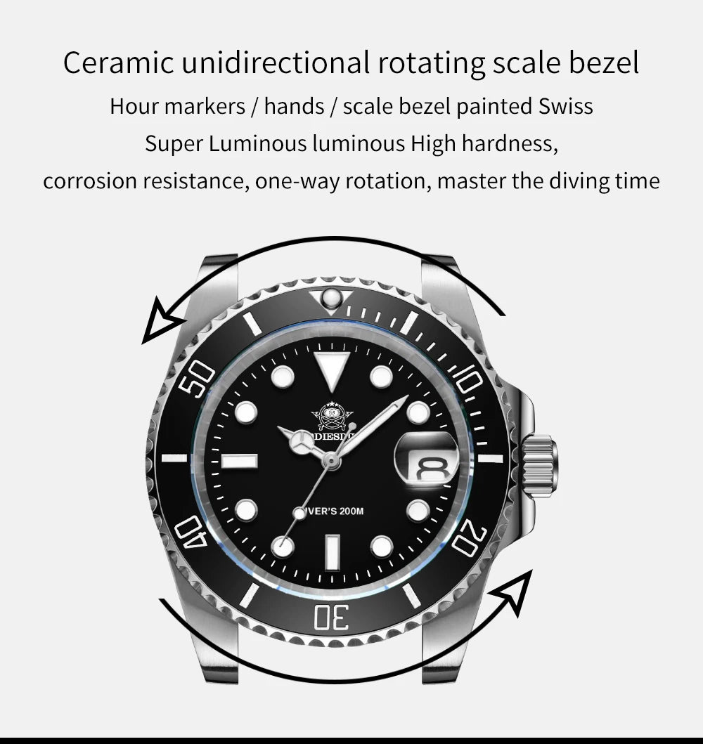 ADDIESDIVE klassische Herrenuhr mit Keramiklünette, 200m wasserdicht, lässige Quarzuhr mit BGW9 blauer Leuchtmasse, Geschenkuhr MY-H3-2