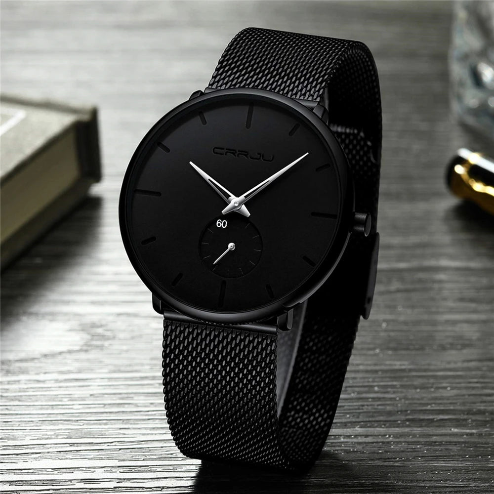 Montre pour homme CRRJU – Montre à quartz de luxe, style décontracté, fine, avec bracelet en maille d'acier, étanche et sportive.