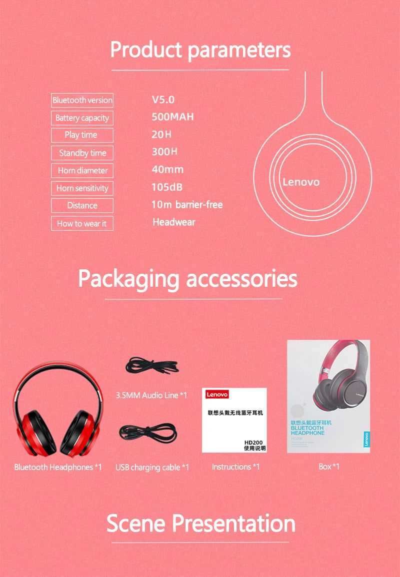 Lenovo HD200 Bluetooth Wireless Headphones – Noise Cancelling Over-Ear Gaming Headset with HiFi Stereo Sound & Microphone
