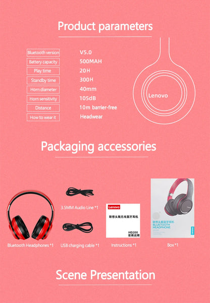 Lenovo HD200 Bluetooth Wireless Headphones – Noise Cancelling Over-Ear Gaming Headset with HiFi Stereo Sound & Microphone