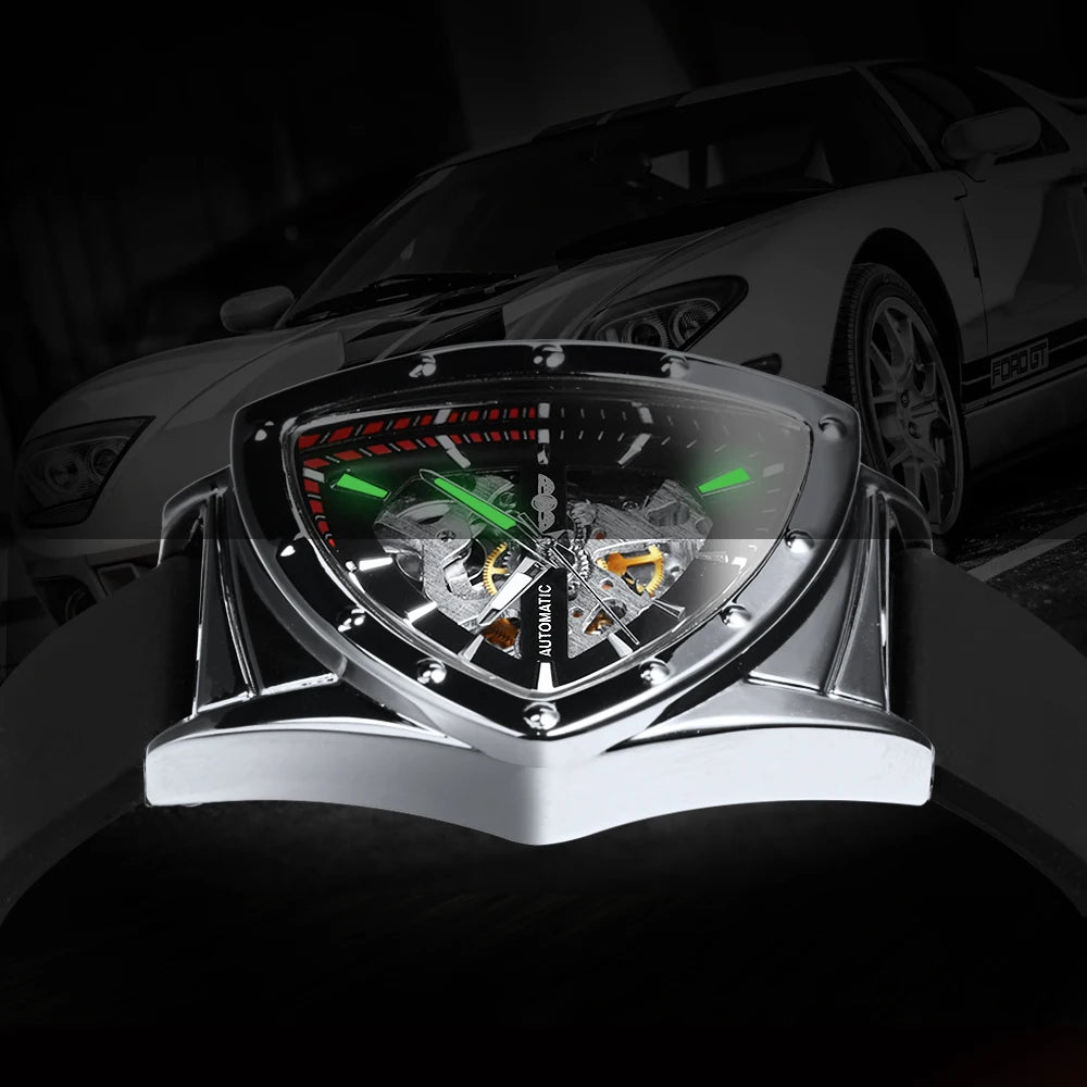 Pánské automatické hodinky WINNER, design s trojúhelníkovým skeletem, luminiscenční ručičky, kaučukový řemínek, vojenský styl, luxusní mechanické hodinky