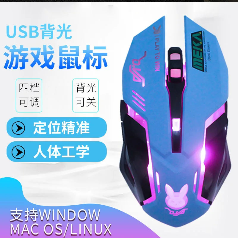 Blue Gaming Mouse DVA Anime Wired Optical Mouse with RGB Breathing Light, 2400DPI E-Sports Gaming Mouse, 6 Buttons USB Gaming Mouse