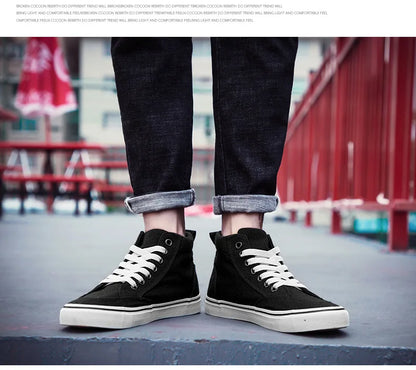 Baskets montantes en toile pour hommes, chaussures de Skate décontractées à lacets, toutes noires, pour étudiants, semelle plate, chaussures de Sport confortables