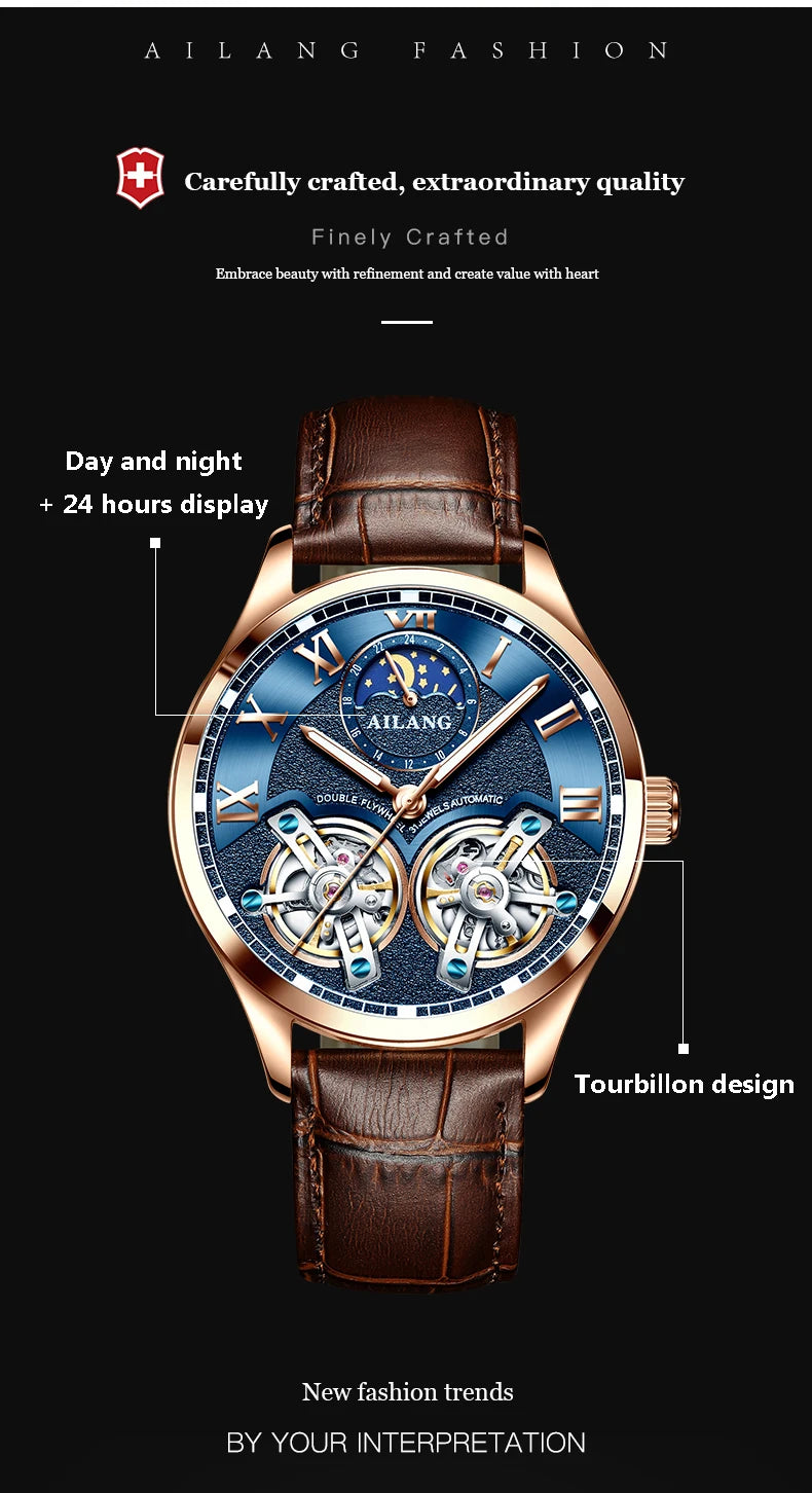 AILANG Double Tourbillon Design Business Men Mechanical Watch Fashion Leather Moon Phase Automatic Watches for Mens Reloj Hombre