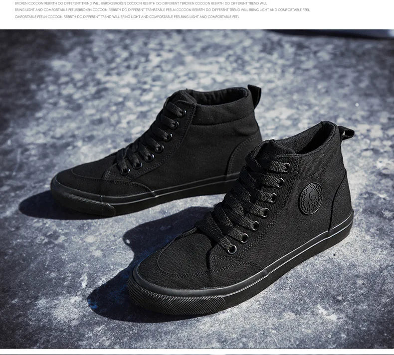 Baskets montantes en toile pour hommes, chaussures de Skate décontractées à lacets, toutes noires, pour étudiants, semelle plate, chaussures de Sport confortables