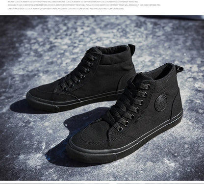Baskets montantes en toile pour hommes, chaussures de Skate décontractées à lacets, toutes noires, pour étudiants, semelle plate, chaussures de Sport confortables