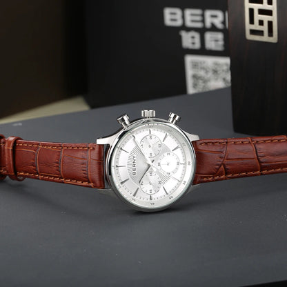 BERNY 24H Chronograph Watch for Men Luxury VD54 Watches Fashion Waterproof Genuine Leather Strap Quartz Sport Men's Wristwatch