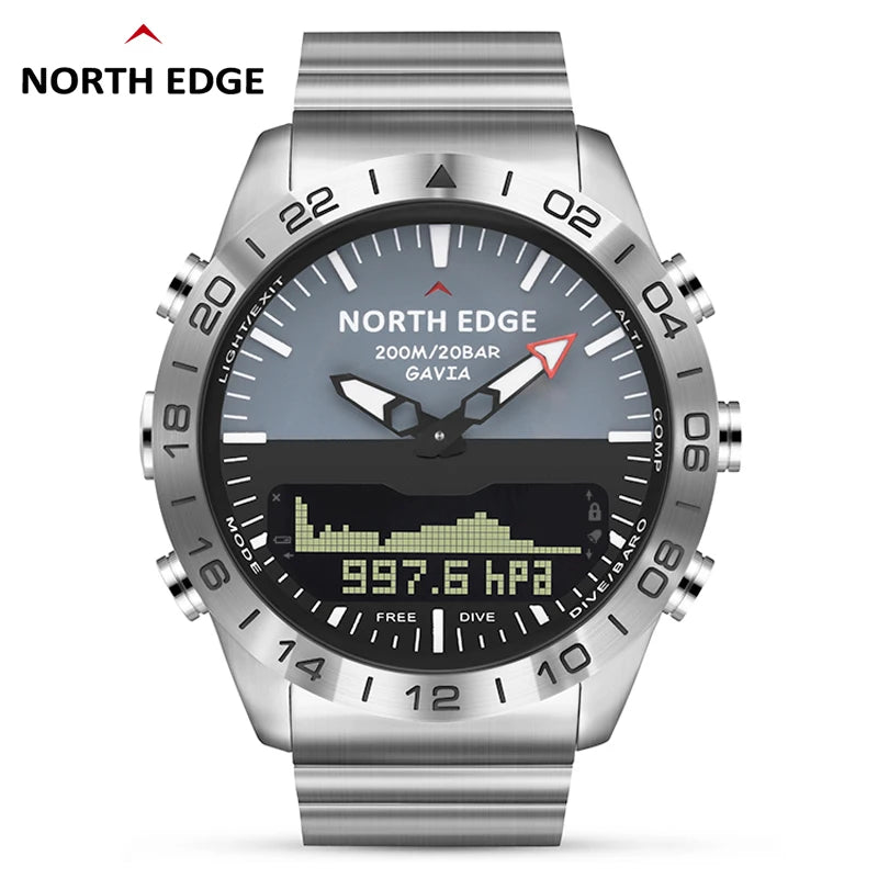 NORTH EDGE Herren-Taucheruhr Military Army Luxury aus Vollstahl – Smartwatch mit Kompass, Höhenmesser, Barometer, digitaler Uhr, wasserdicht bis 200m