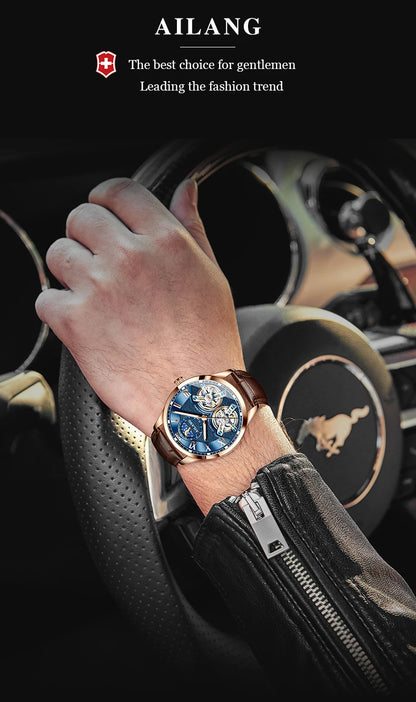AILANG Double Tourbillon Design Business Men Mechanical Watch Fashion Leather Moon Phase Automatic Watches for Mens Reloj Hombre