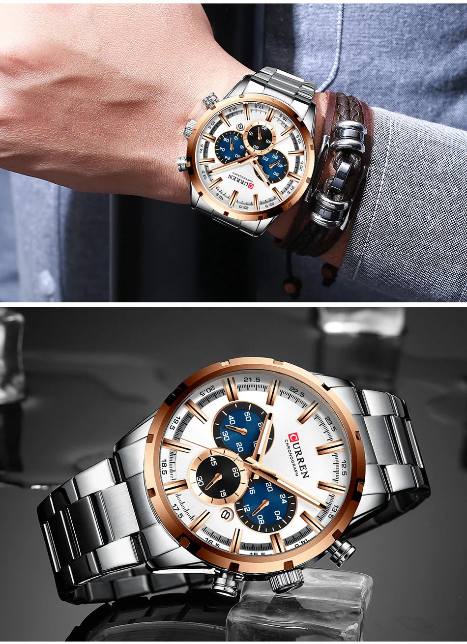 Pánské hodinky CURREN – luxusní sportovní chronograf, quartzový strojek, celonerezové, vodotěsné