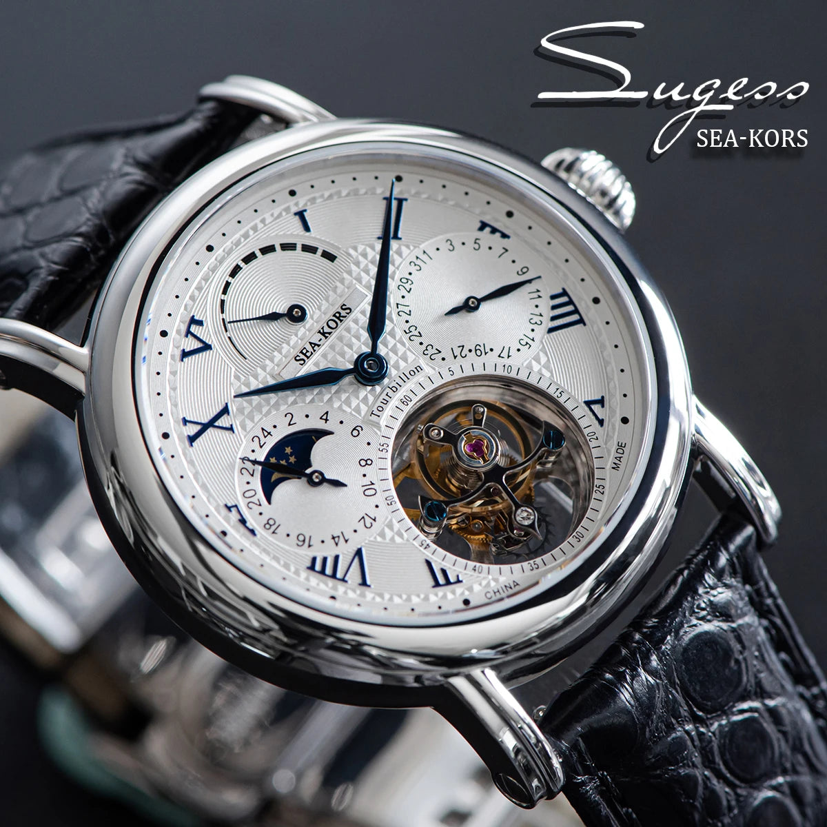 Sugess Seakors Man Tourbillon Watch Original ST8007 Movement Skeleton Dial Moonphase Wristwatche 316L Case Sapphire Romen Luxury
