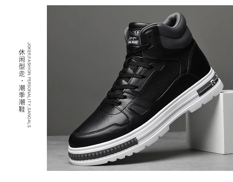 FUQIAO New High Top Elevator Shoes Casual Men Sneakers Heightening Height Increase 8cm Cow Split Leather Leisure Designer Shoes