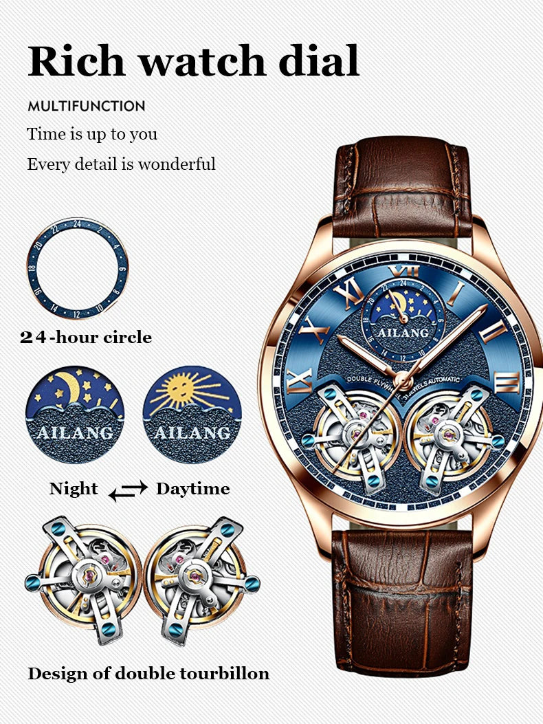 AILANG Double Tourbillon Design Business Men Mechanical Watch Fashion Leather Moon Phase Automatic Watches for Mens Reloj Hombre