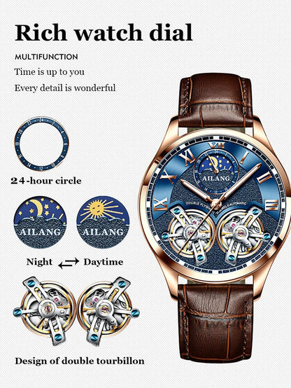 AILANG Double Tourbillon Design Business Men Mechanical Watch Fashion Leather Moon Phase Automatic Watches for Mens Reloj Hombre