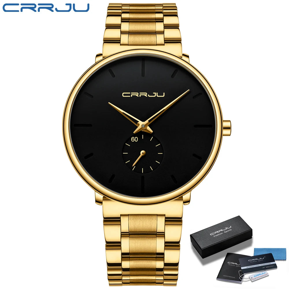 Montre pour homme CRRJU – Montre-bracelet en acier inoxydable, style décontracté et luxueux, étanche, montre de sport à quartz pour homme