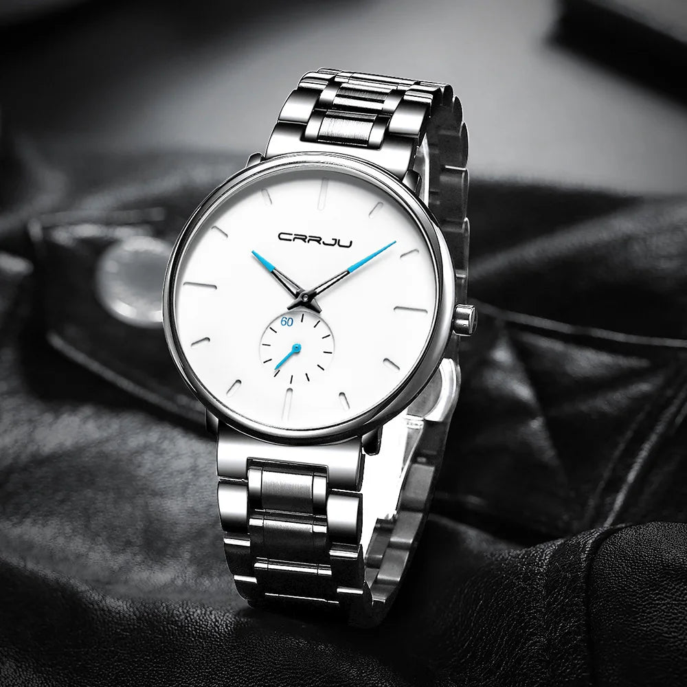 Montre pour homme CRRJU – Montre-bracelet en acier inoxydable, style décontracté et luxueux, étanche, montre de sport à quartz pour homme