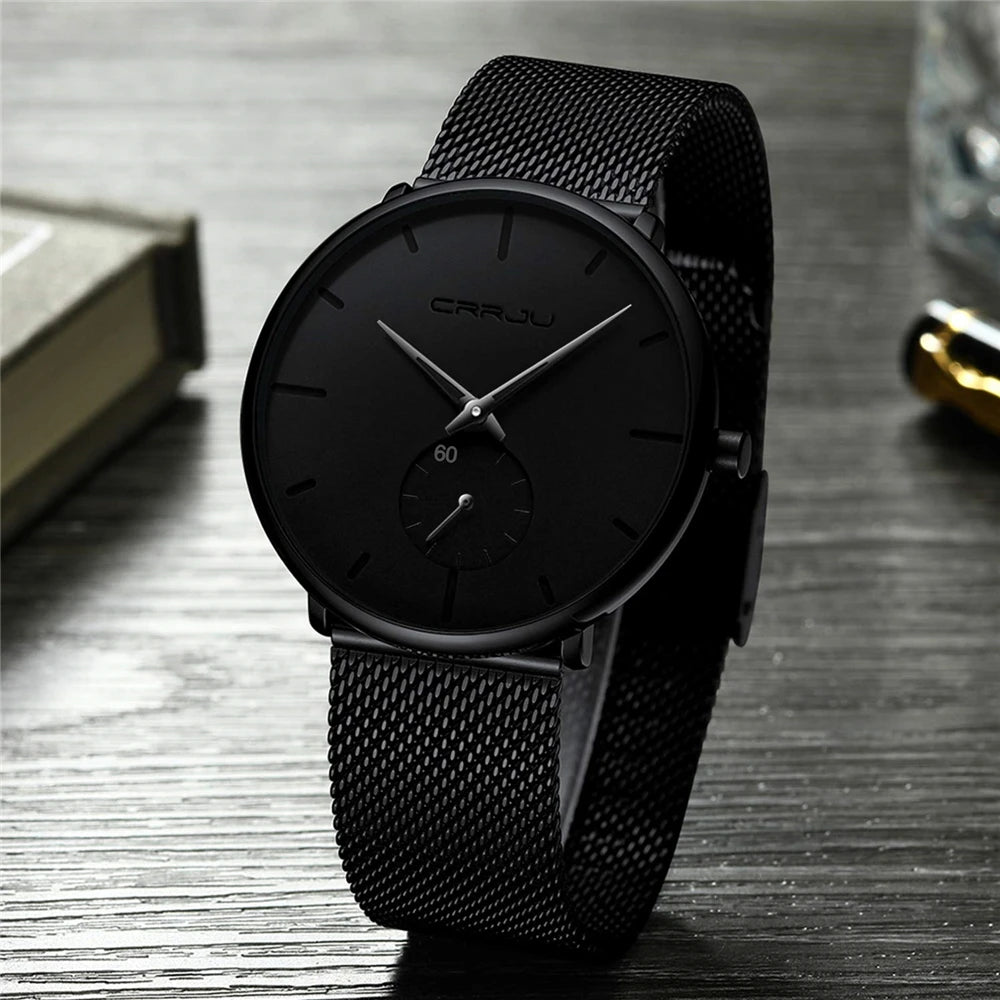 Montre pour homme CRRJU – Montre à quartz de luxe, style décontracté, fine, avec bracelet en maille d'acier, étanche et sportive.