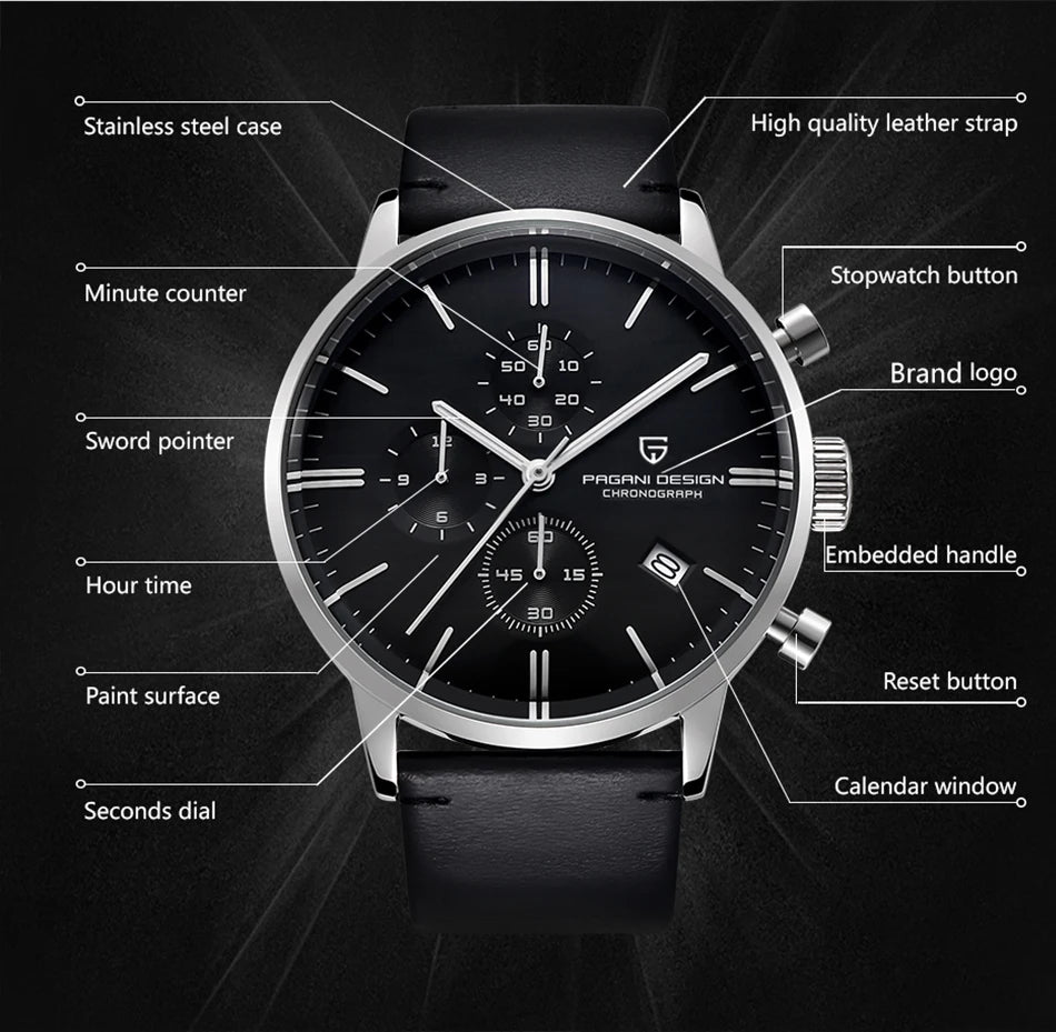 PAGANI DESIGN Men's Fashion Casual Brand Watch Waterproof 30m Luxury Leather Sports Quartz Chronograph VK67 Relogio Masculino