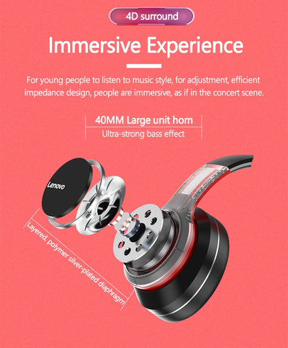 Lenovo HD200 Bluetooth Wireless Headphones – Noise Cancelling Over-Ear Gaming Headset with HiFi Stereo Sound & Microphone