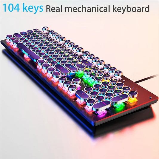 Retro-Punk mechanische Tastatur mit blauen, schwarzen oder braunen Switches, 104 Tasten, USB-kabelgebunden, Gaming-Tastatur mit RGB-Hintergrundbeleuchtung für PC, Laptop und Gamer
