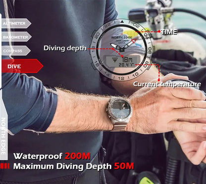 NORTH EDGE Herren-Taucheruhr Military Army Luxury aus Vollstahl – Smartwatch mit Kompass, Höhenmesser, Barometer, digitaler Uhr, wasserdicht bis 200m