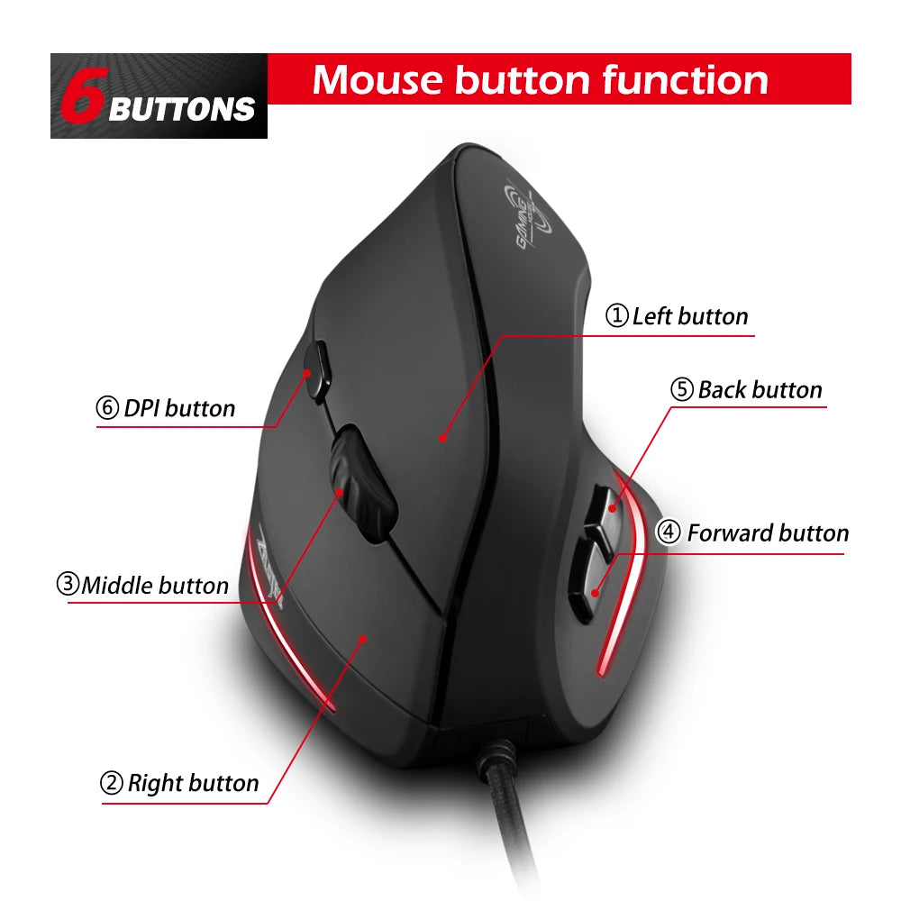 ZELOTES T-20 Ergonomic Wired Vertical Mouse, Rechargeable 3200 DPI Gaming Mouse for PC, Mac & Laptop with 6 Programmable Buttons