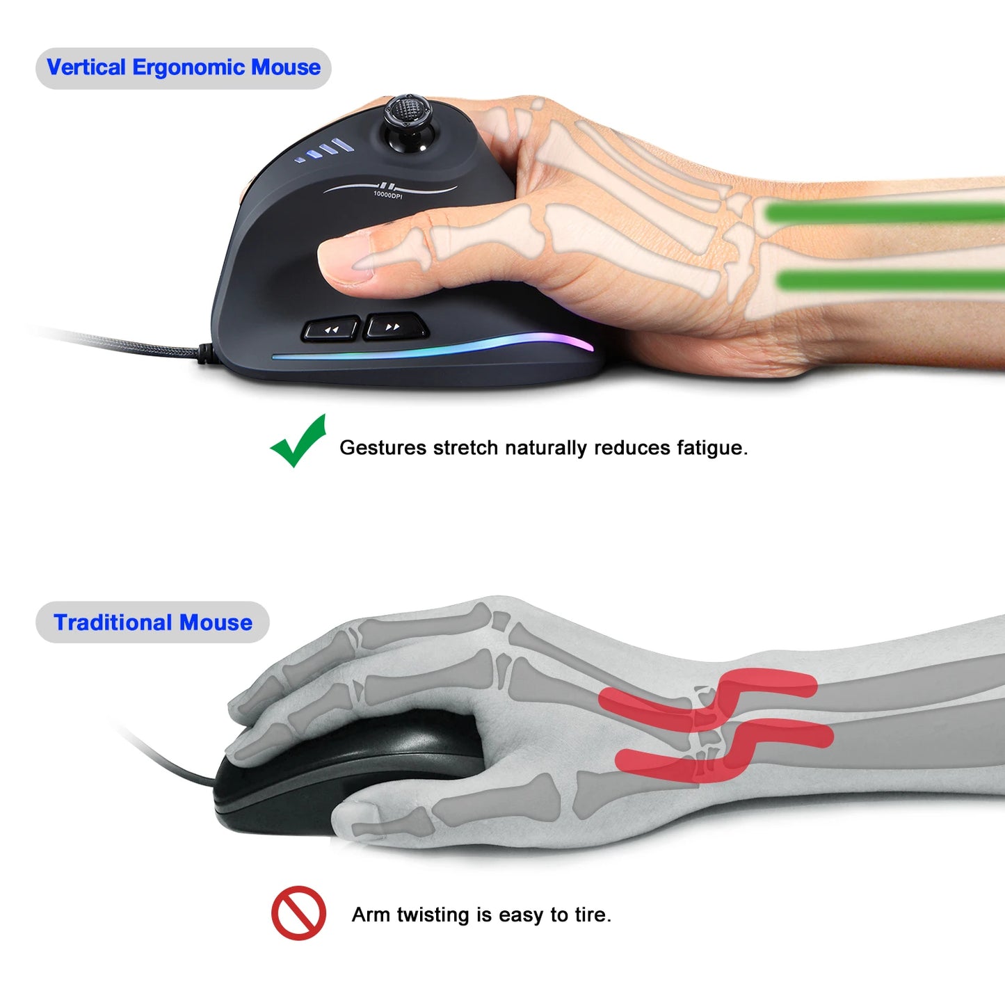 ZELOTES C18 Wired Vertical Ergonomic Gaming Mouse, 10000 DPI RGB Programmable Laser Mouse with 11 Buttons for PC Computer