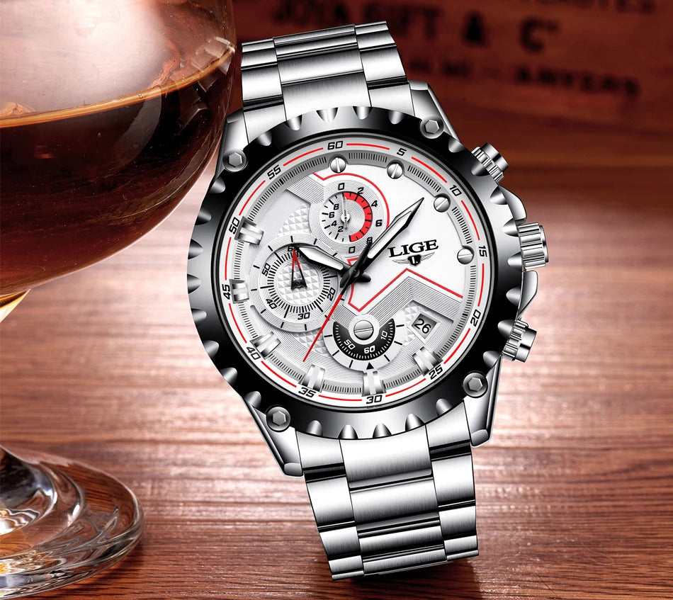 LIGE Men’s Watch – Trendy quartz watch, luxury brand, all-steel, professional style, water-resistant and sporty – Supplied with box
