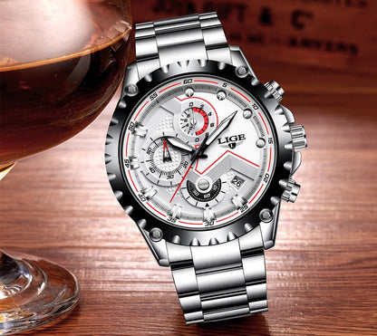 LIGE Men’s Watch – Trendy quartz watch, luxury brand, all-steel, professional style, water-resistant and sporty – Supplied with box