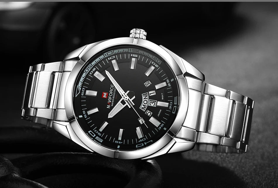 Ceas pentru bărbați NAVIFORCE, realizat integral din oțel, rezistent la apă, stil casual, mecanism cu cuarț și afișaj al datei – Ceas de mână de lux pentru bărbați, de la o marcă de renume.