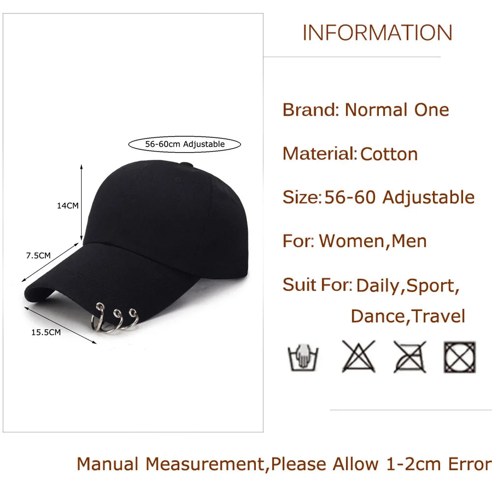 Casquette de baseball Snapback pour femmes et hommes, style hip-hop et K-pop, couleur unie avec anneau, pour les amateurs de sport, de danse et de voyage, casquette « Dad Hat », streetwear, ajustable