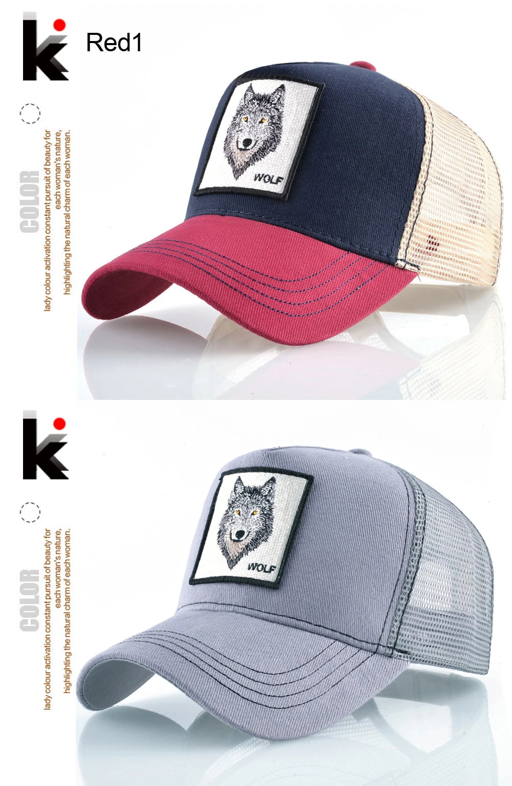 Cappellino da baseball da uomo K Snapback Trucker in rete traspirante per donna, cappellino da baseball casual da esterno con toppa ricamata raffigurante un lupo
