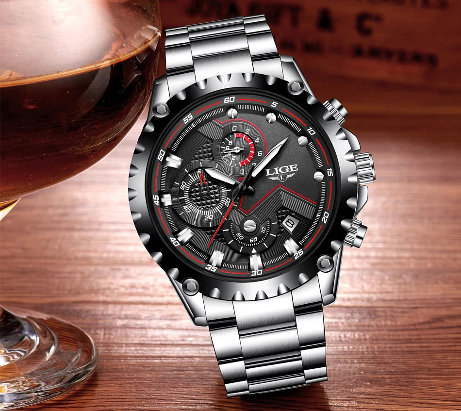 LIGE Men’s Watch – Trendy quartz watch, luxury brand, all-steel, professional style, water-resistant and sporty – Supplied with box