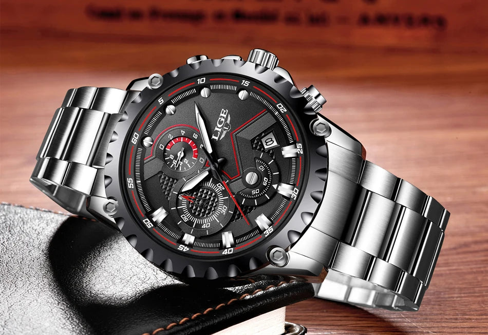 LIGE Men’s Watch – Trendy quartz watch, luxury brand, all-steel, professional style, water-resistant and sporty – Supplied with box