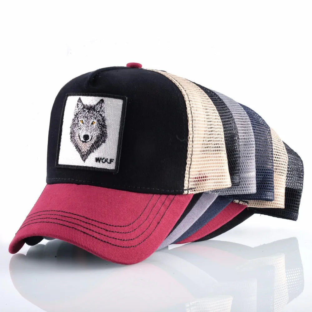 Cappellino da baseball da uomo K Snapback Trucker in rete traspirante per donna, cappellino da baseball casual da esterno con toppa ricamata raffigurante un lupo