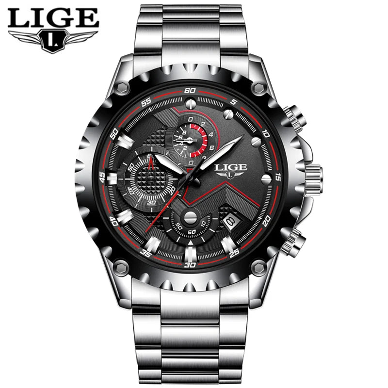 LIGE Men’s Watch – Trendy quartz watch, luxury brand, all-steel, professional style, water-resistant and sporty – Supplied with box
