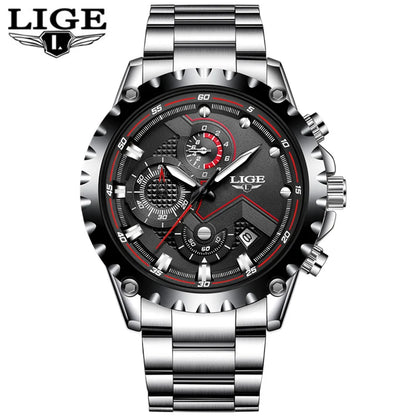 LIGE Men’s Watch – Trendy quartz watch, luxury brand, all-steel, professional style, water-resistant and sporty – Supplied with box